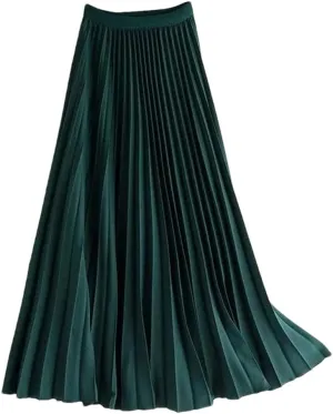 Fnfmrfmr Women Solid Long Pleated Skirts Elastic Band A Line Office Midi Skirt