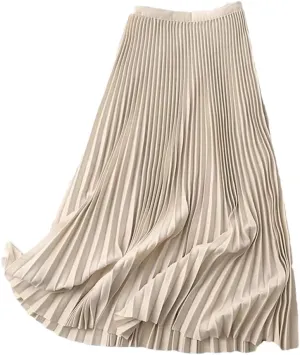 Fnfmrfmr Women Solid Long Pleated Skirts Elastic Band A Line Office Midi Skirt
