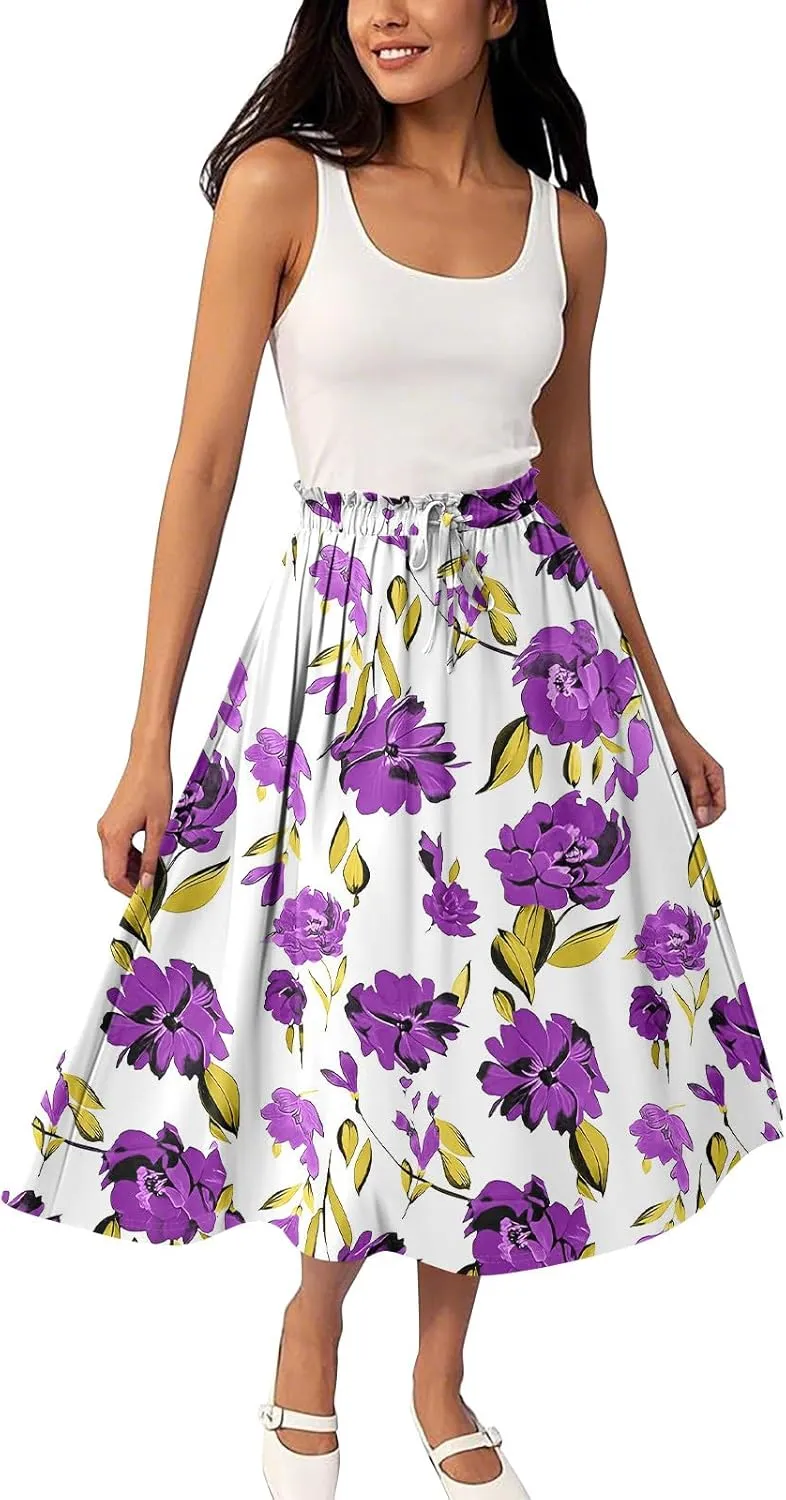 Formal Skirts for Women Summer Drawstring Elastic High Waisted Midi Skirt Boho A Line Pleated Calf Length Skirt