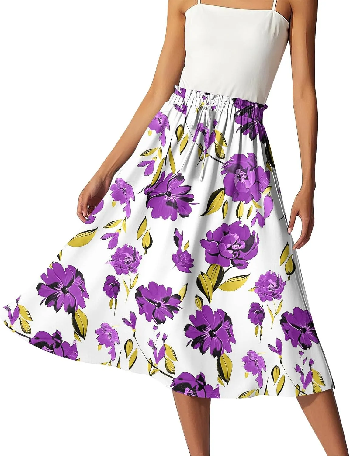 Formal Skirts for Women Summer Drawstring Elastic High Waisted Midi Skirt Boho A Line Pleated Calf Length Skirt