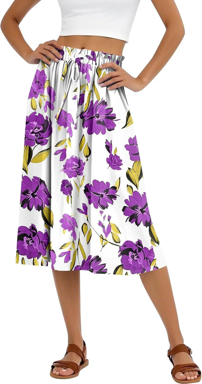 Formal Skirts for Women Summer Drawstring Elastic High Waisted Midi Skirt Boho A Line Pleated Calf Length Skirt
