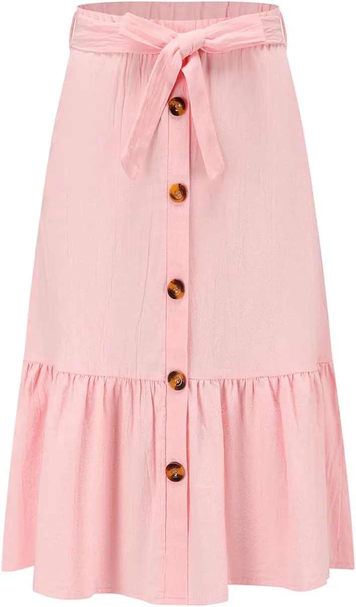 Girls Maxi Skirts Button Front High Waisted Long Skirt with Belt Ruffled Skirts with Pocke