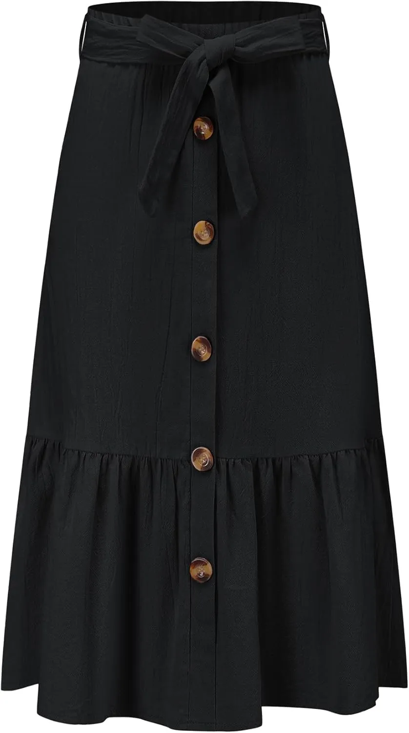 Girls Maxi Skirts Button Front High Waisted Long Skirt with Belt Ruffled Skirts with Pocke