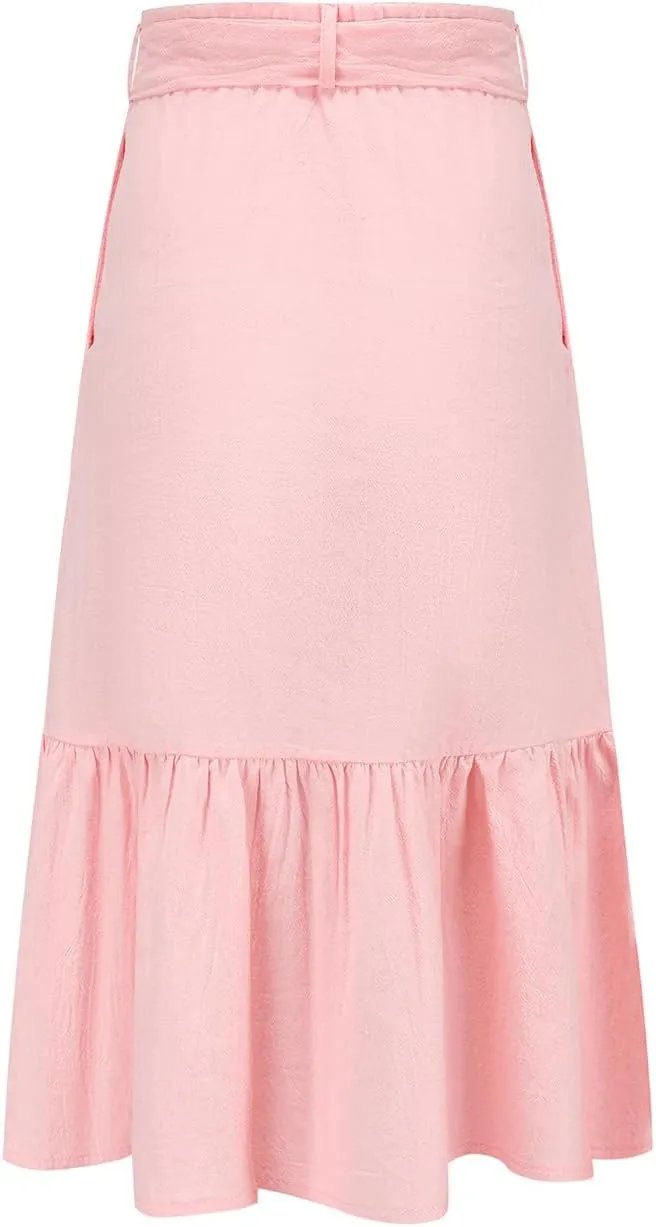 Girls Maxi Skirts Button Front High Waisted Long Skirt with Belt Ruffled Skirts with Pocke