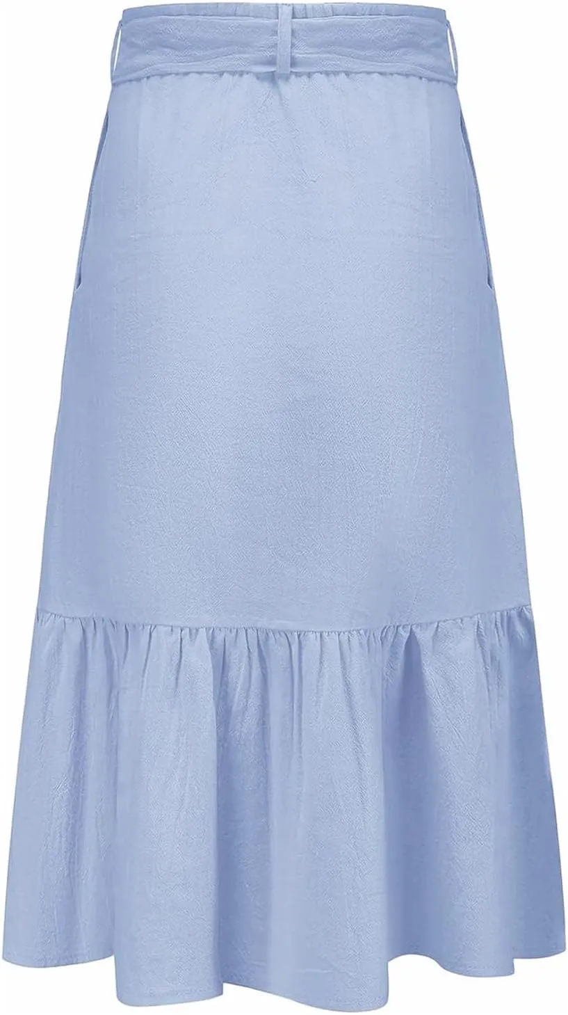 Girls Maxi Skirts Button Front High Waisted Long Skirt with Belt Ruffled Skirts with Pocke