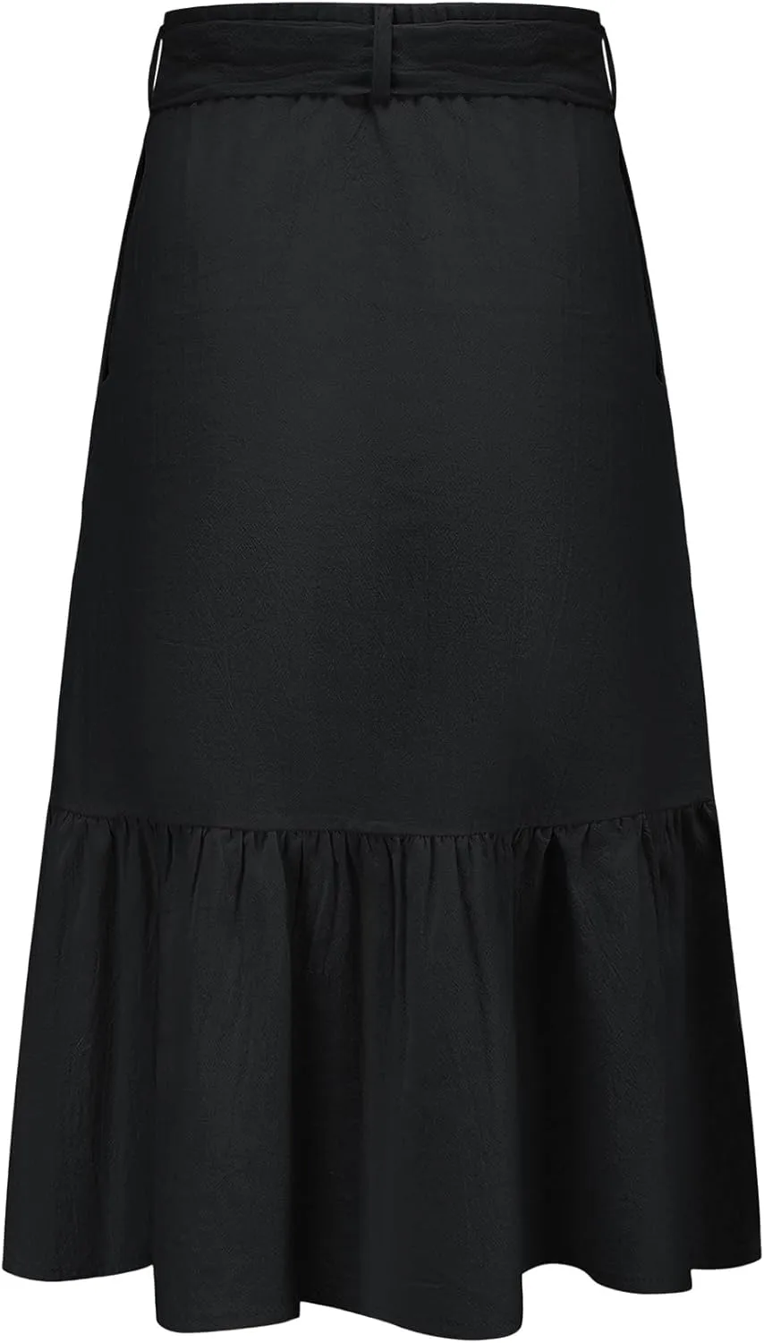 Girls Maxi Skirts Button Front High Waisted Long Skirt with Belt Ruffled Skirts with Pocke