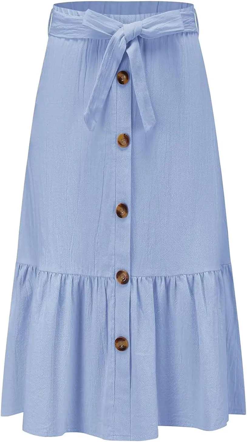 Girls Maxi Skirts Button Front High Waisted Long Skirt with Belt Ruffled Skirts with Pocke