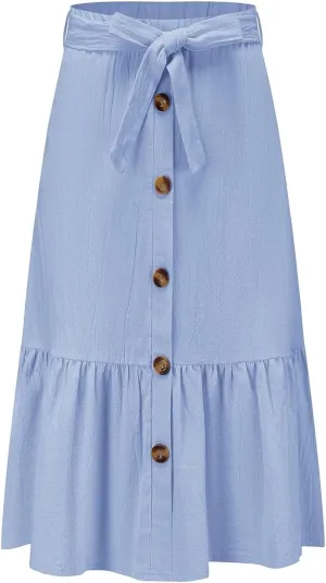 Girls Maxi Skirts Button Front High Waisted Long Skirt with Belt Ruffled Skirts with Pocke