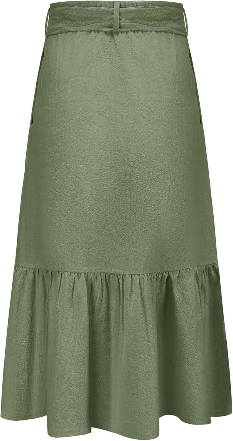 Girls Maxi Skirts Button Front High Waisted Long Skirt with Belt Ruffled Skirts with Pocke