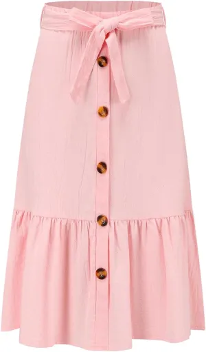 Girls Maxi Skirts Button Front High Waisted Long Skirt with Belt Ruffled Skirts with Pocke