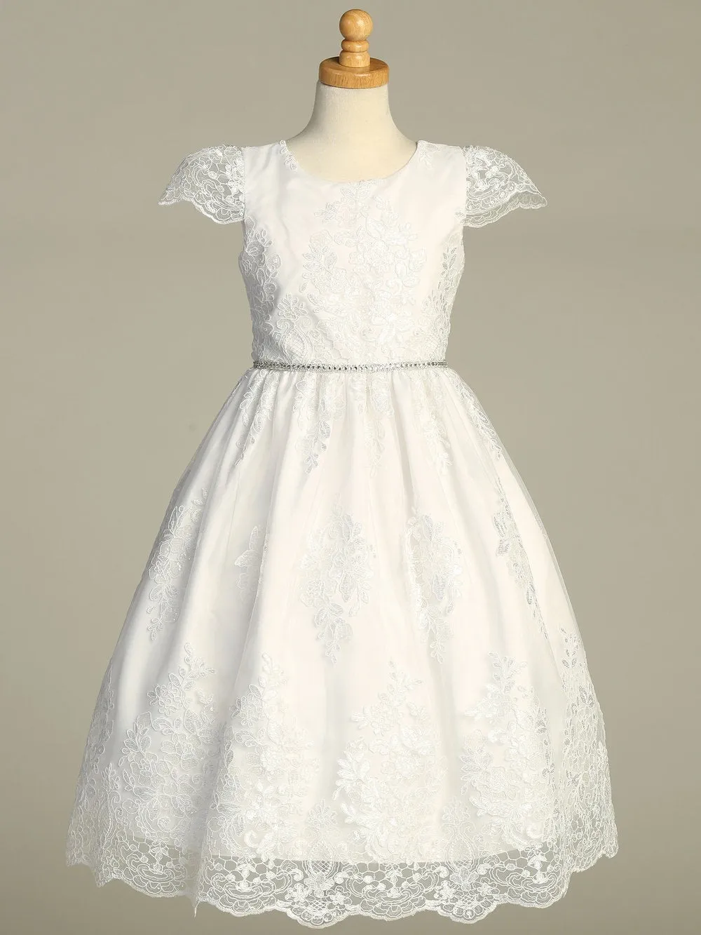 Girls White First Communion Dress w/ Corded Tulle & Sequins (207)