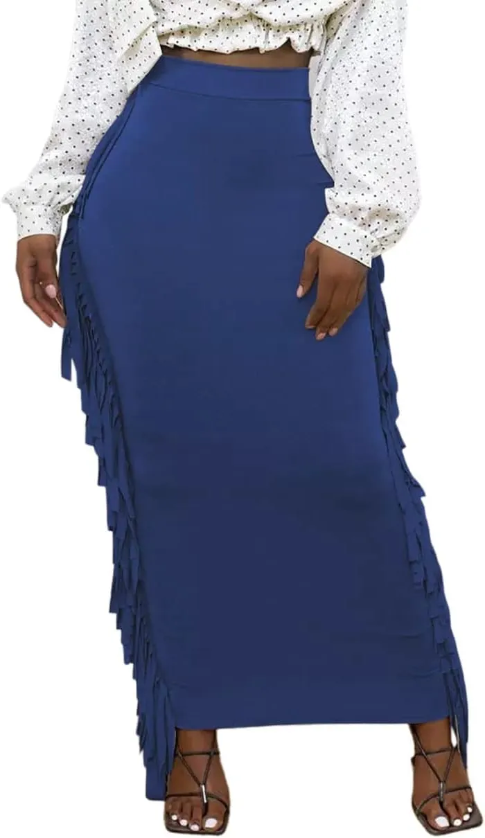 GOLDSTITCH Women's High Waist Slim Bodycon Tassels Long Maxi Pencil Skirts