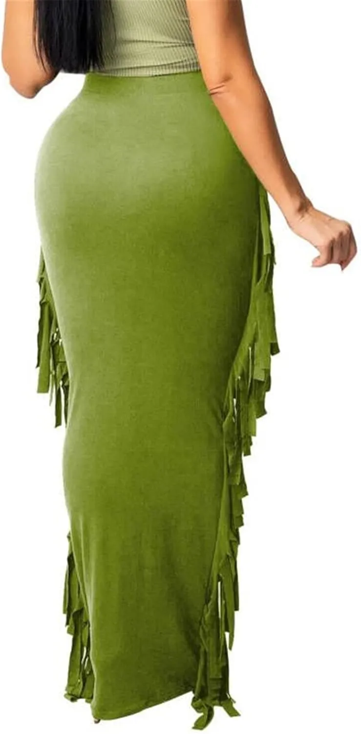 GOLDSTITCH Women's High Waist Slim Bodycon Tassels Long Maxi Pencil Skirts