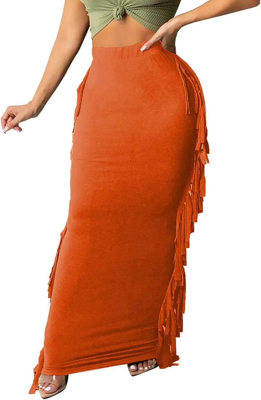 GOLDSTITCH Women's High Waist Slim Bodycon Tassels Long Maxi Pencil Skirts
