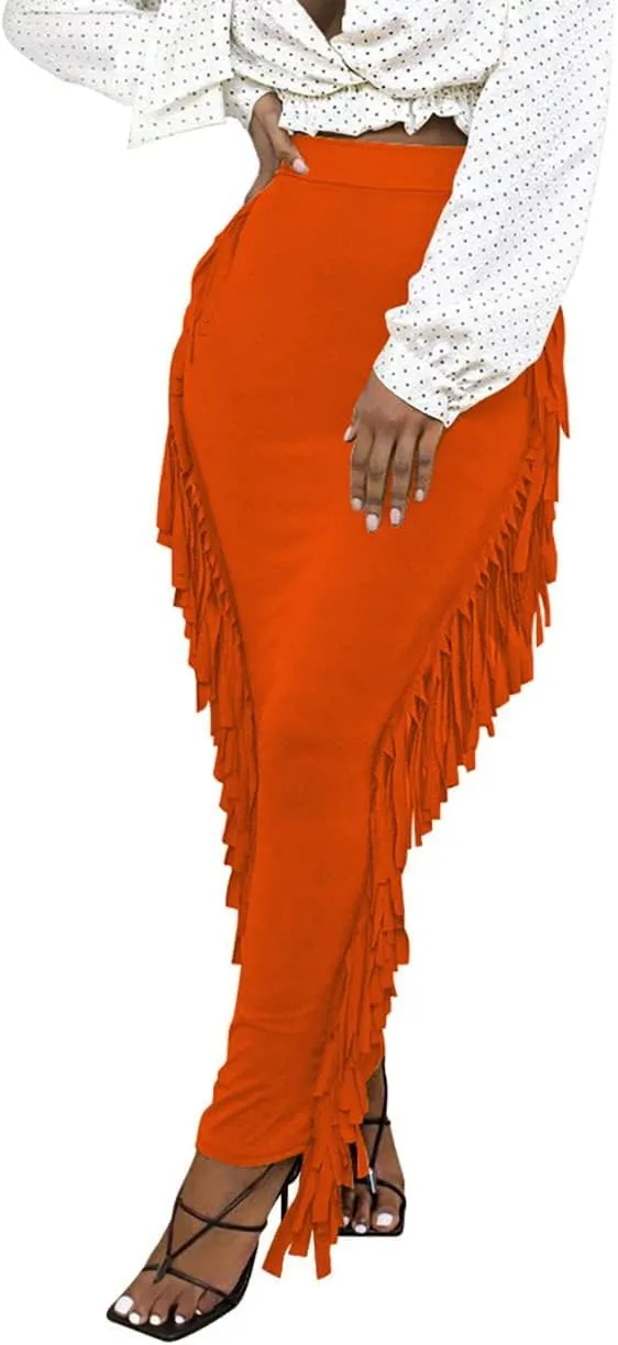 GOLDSTITCH Women's High Waist Slim Bodycon Tassels Long Maxi Pencil Skirts