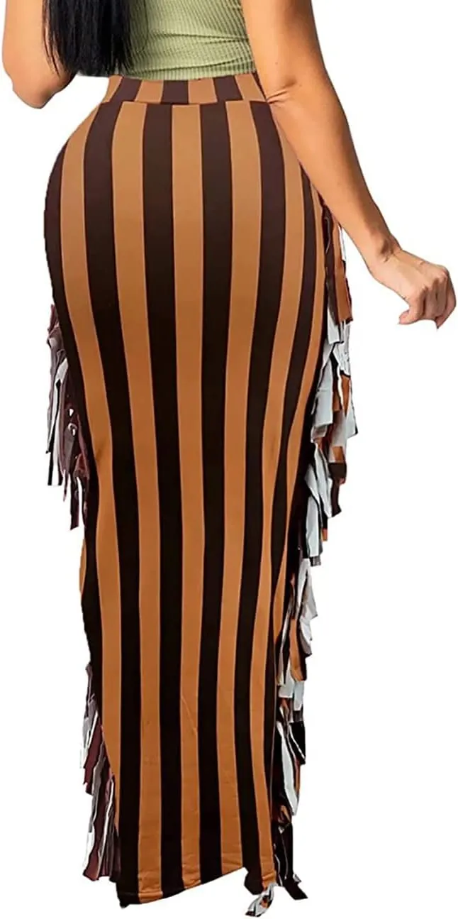 GOLDSTITCH Women's High Waist Slim Bodycon Tassels Long Maxi Pencil Skirts