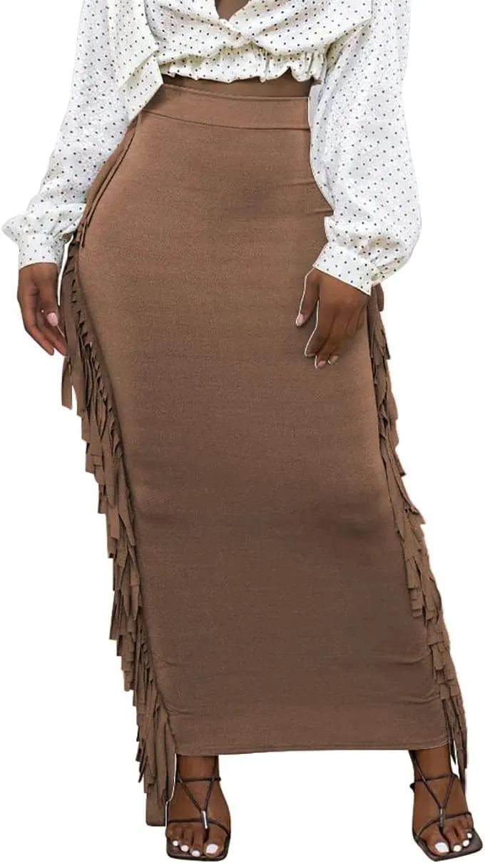 GOLDSTITCH Women's High Waist Slim Bodycon Tassels Long Maxi Pencil Skirts