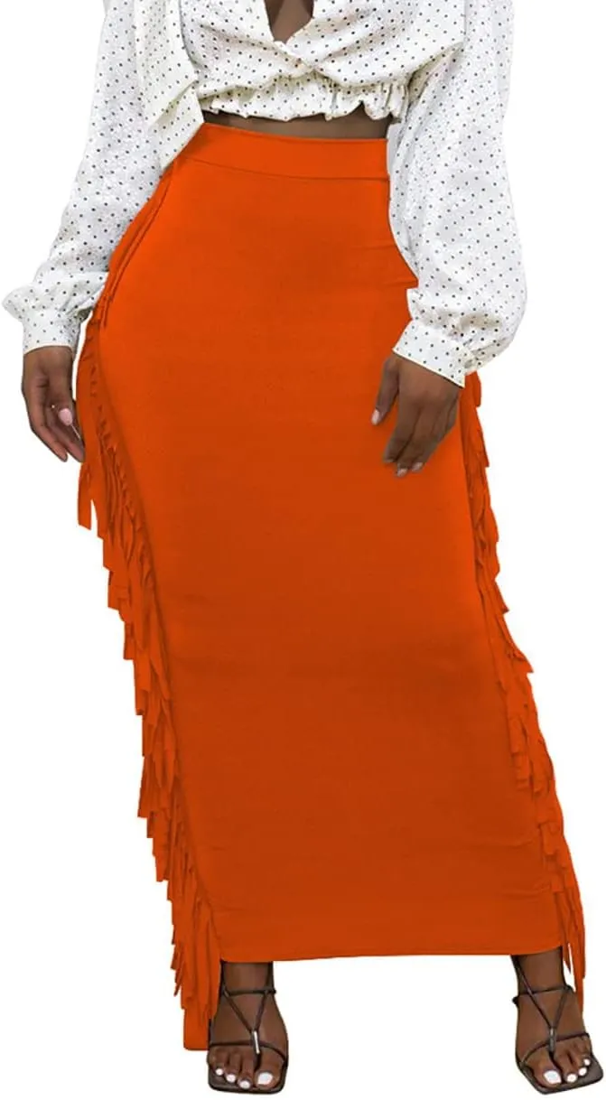 GOLDSTITCH Women's High Waist Slim Bodycon Tassels Long Maxi Pencil Skirts