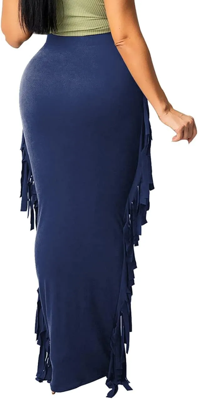 GOLDSTITCH Women's High Waist Slim Bodycon Tassels Long Maxi Pencil Skirts