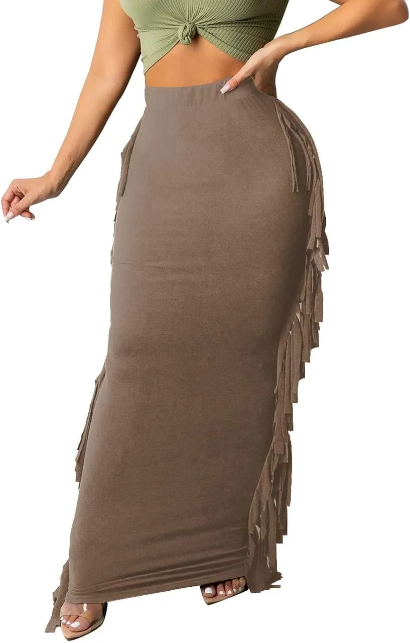 GOLDSTITCH Women's High Waist Slim Bodycon Tassels Long Maxi Pencil Skirts