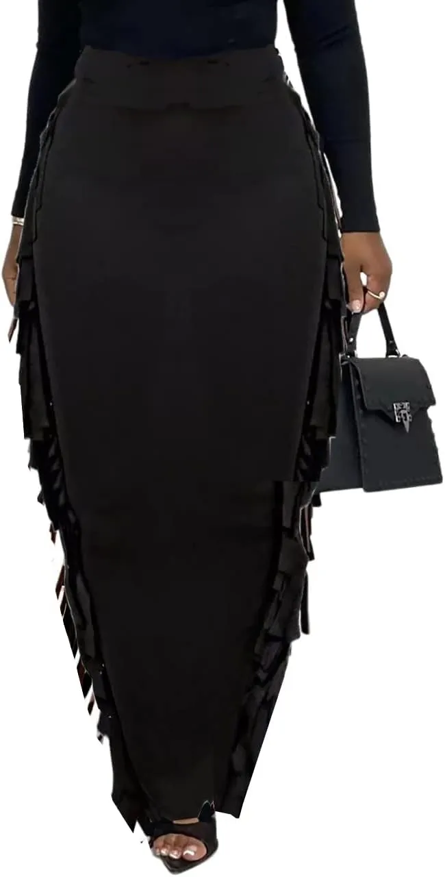 GOLDSTITCH Women's High Waist Slim Bodycon Tassels Long Maxi Pencil Skirts