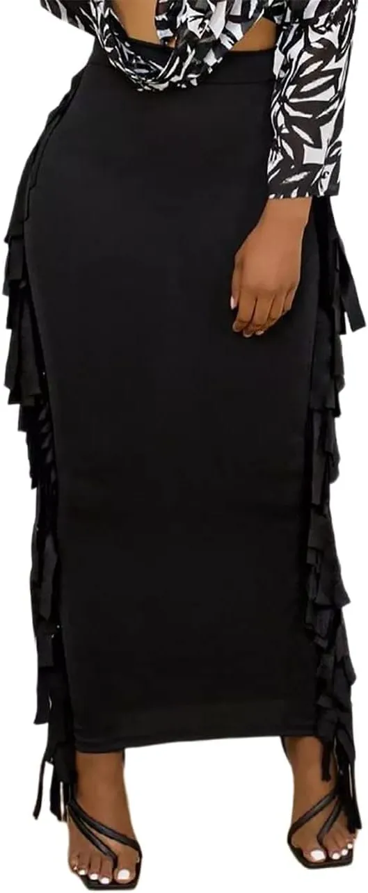 GOLDSTITCH Women's High Waist Slim Bodycon Tassels Long Maxi Pencil Skirts