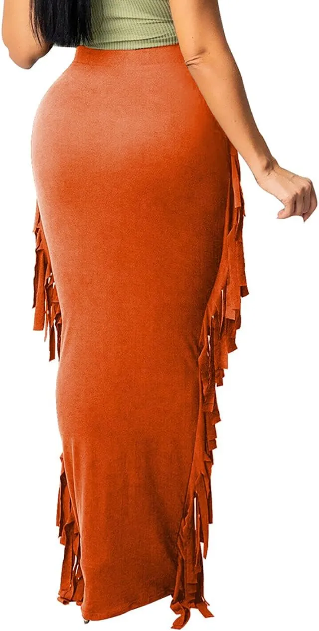 GOLDSTITCH Women's High Waist Slim Bodycon Tassels Long Maxi Pencil Skirts