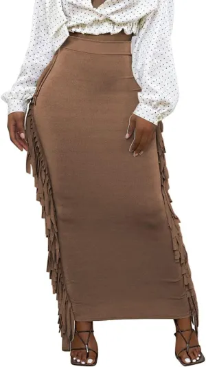 GOLDSTITCH Women's High Waist Slim Bodycon Tassels Long Maxi Pencil Skirts