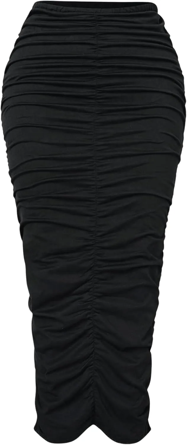 GORGLITTER Women's Casual Ruched High Waisted Bodycon Maxi Skirt Stretchy Solid Long Pencil Skirts