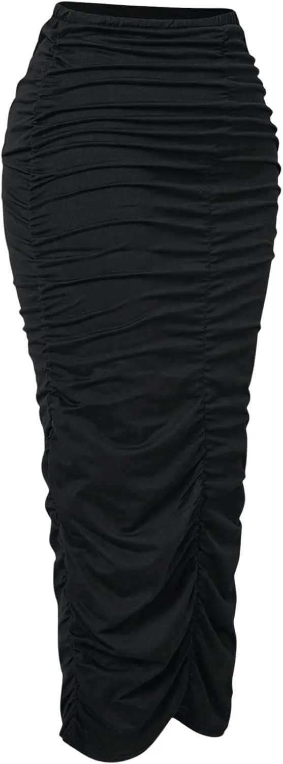 GORGLITTER Women's Casual Ruched High Waisted Bodycon Maxi Skirt Stretchy Solid Long Pencil Skirts