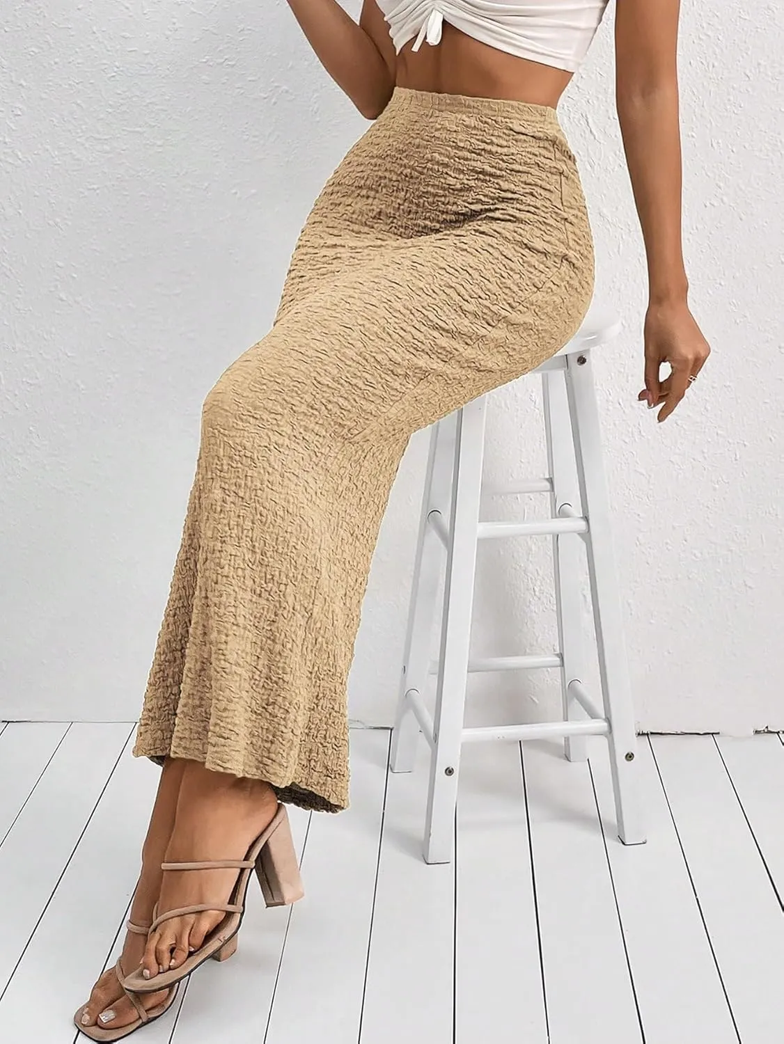 GORGLITTER Women's Texture Bodycon Maxi Skirt High Waist Pencil Long Skirts