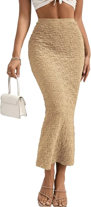 GORGLITTER Women's Texture Bodycon Maxi Skirt High Waist Pencil Long Skirts