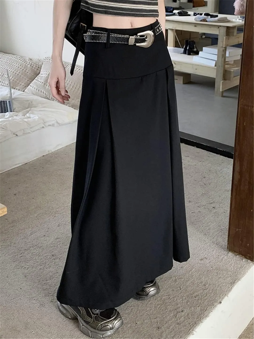 gray9 Midi Long Skirts Womens Autumn High Waist Asymmetrical Pleated Skirts