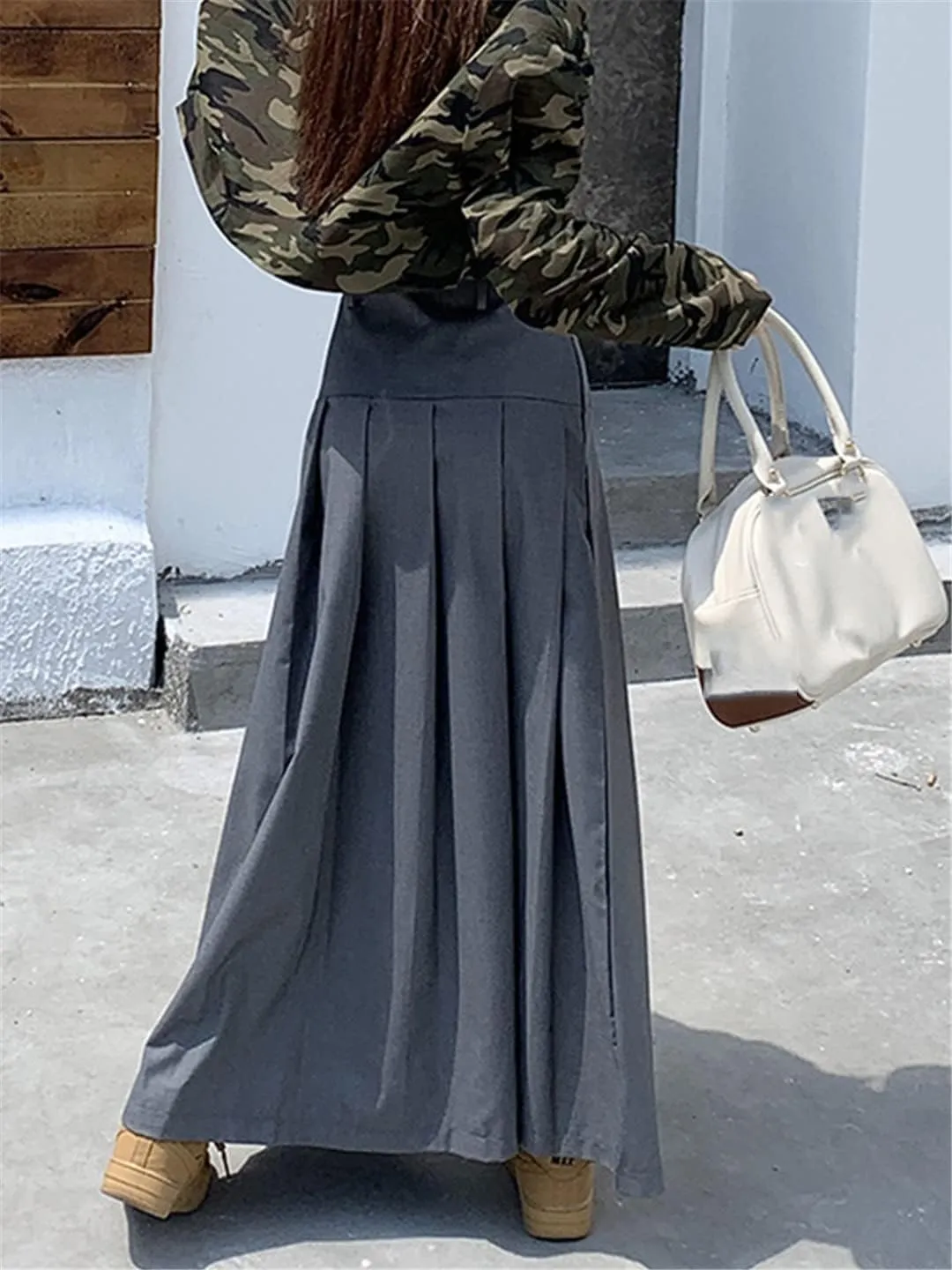 gray9 Midi Long Skirts Womens Autumn High Waist Asymmetrical Pleated Skirts