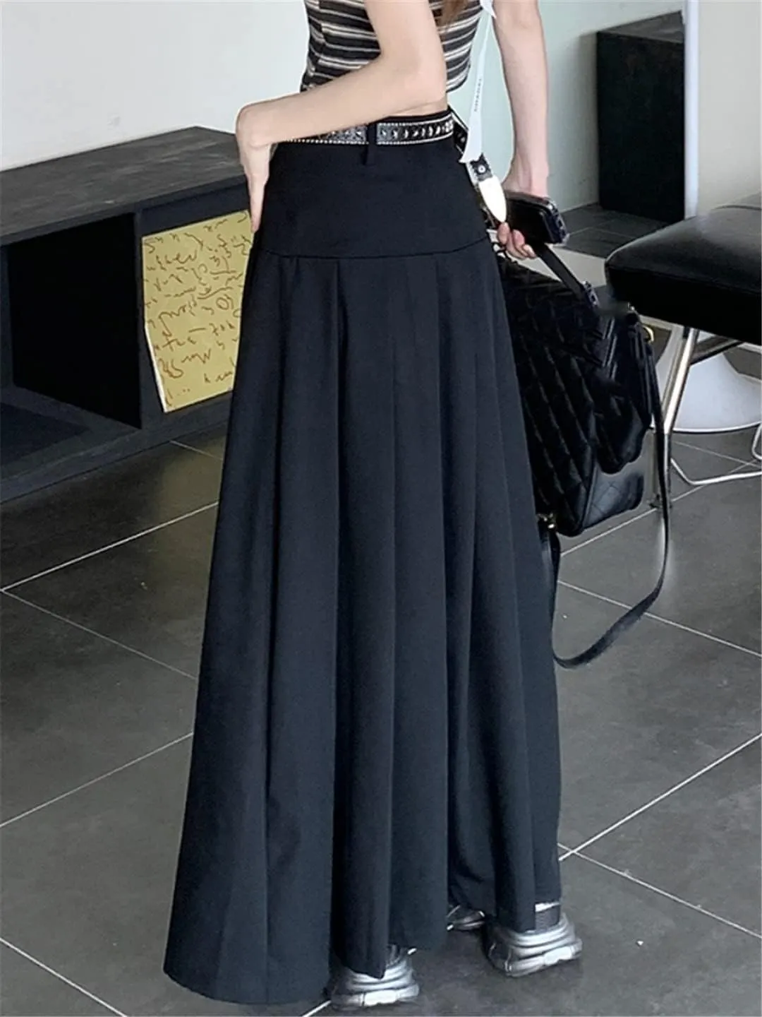 gray9 Midi Long Skirts Womens Autumn High Waist Asymmetrical Pleated Skirts