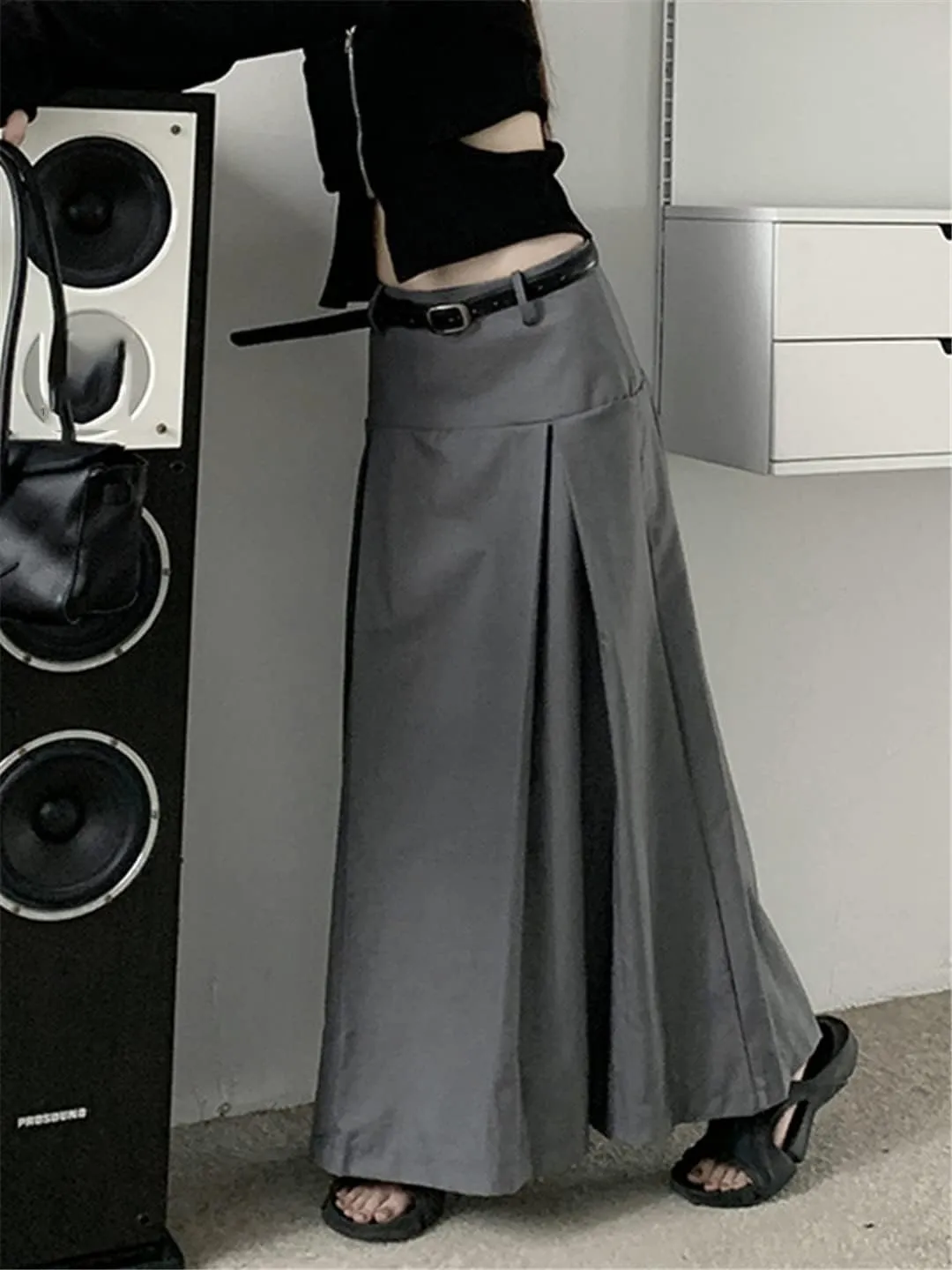 gray9 Midi Long Skirts Womens Autumn High Waist Asymmetrical Pleated Skirts