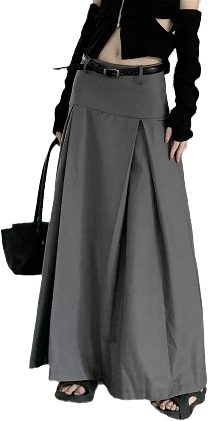 gray9 Midi Long Skirts Womens Autumn High Waist Asymmetrical Pleated Skirts
