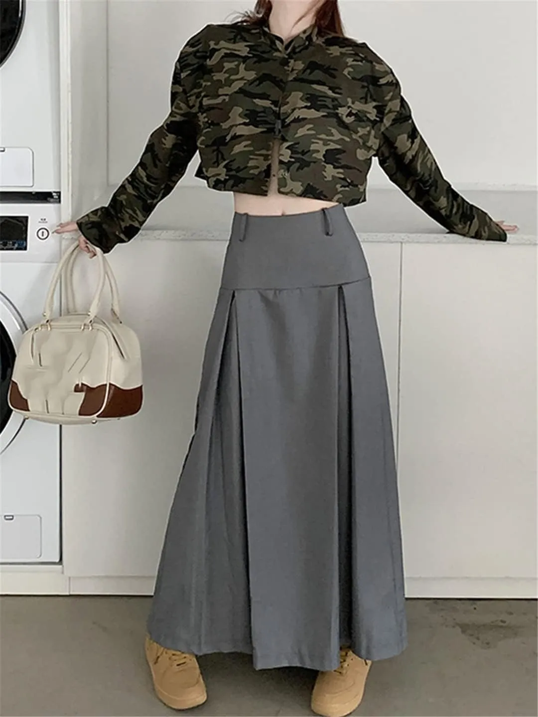 gray9 Midi Long Skirts Womens Autumn High Waist Asymmetrical Pleated Skirts