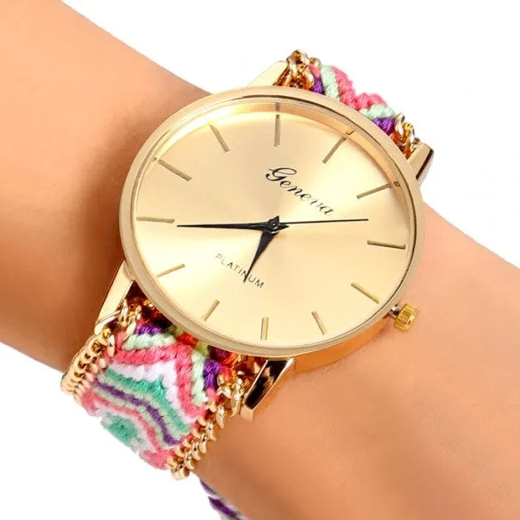 Handmade Braided Casual Women Friendship Bracelet Watch Round Dial Quartz Wrist Watch
