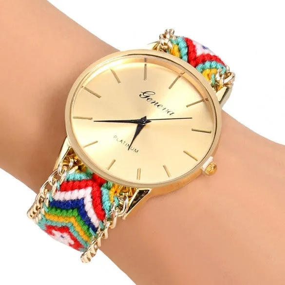 Handmade Braided Casual Women Friendship Bracelet Watch Round Dial Quartz Wrist Watch