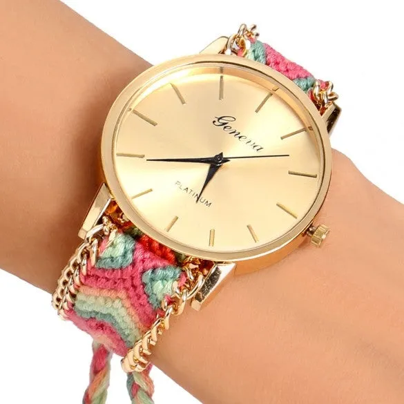 Handmade Braided Casual Women Friendship Bracelet Watch Round Dial Quartz Wrist Watch