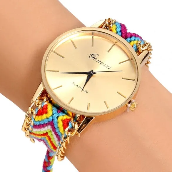 Handmade Braided Casual Women Friendship Bracelet Watch Round Dial Quartz Wrist Watch