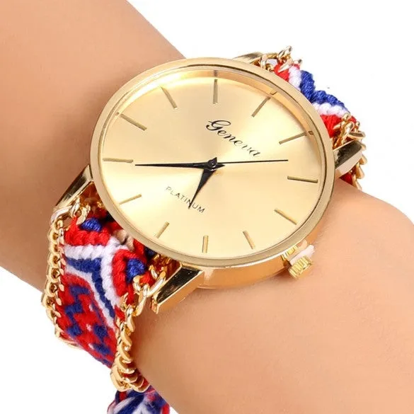 Handmade Braided Casual Women Friendship Bracelet Watch Round Dial Quartz Wrist Watch