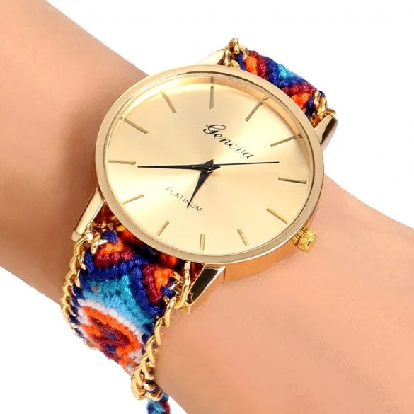 Handmade Braided Casual Women Friendship Bracelet Watch Round Dial Quartz Wrist Watch