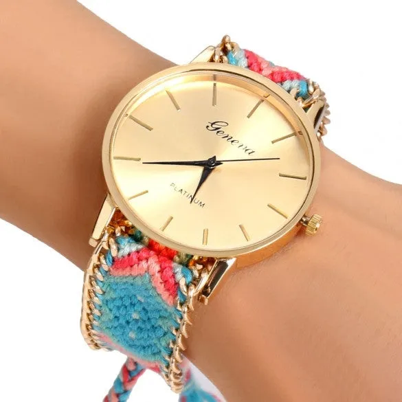 Handmade Braided Casual Women Friendship Bracelet Watch Round Dial Quartz Wrist Watch