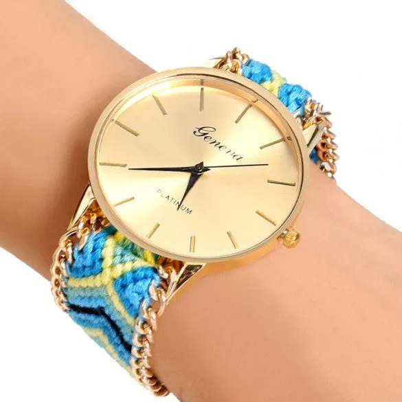 Handmade Braided Casual Women Friendship Bracelet Watch Round Dial Quartz Wrist Watch