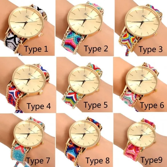 Handmade Braided Casual Women Friendship Bracelet Watch Round Dial Quartz Wrist Watch