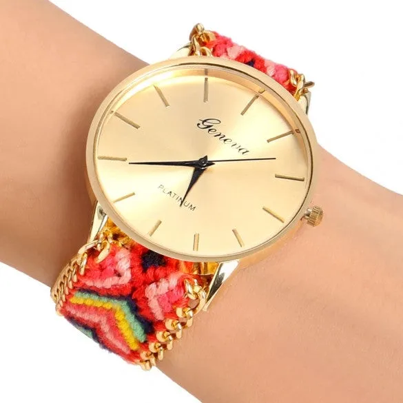 Handmade Braided Casual Women Friendship Bracelet Watch Round Dial Quartz Wrist Watch