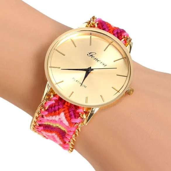 Handmade Braided Casual Women Friendship Bracelet Watch Round Dial Quartz Wrist Watch