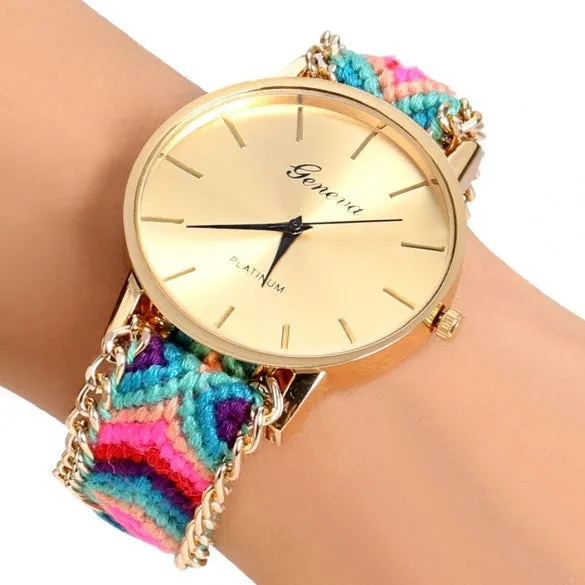 Handmade Braided Casual Women Friendship Bracelet Watch Round Dial Quartz Wrist Watch